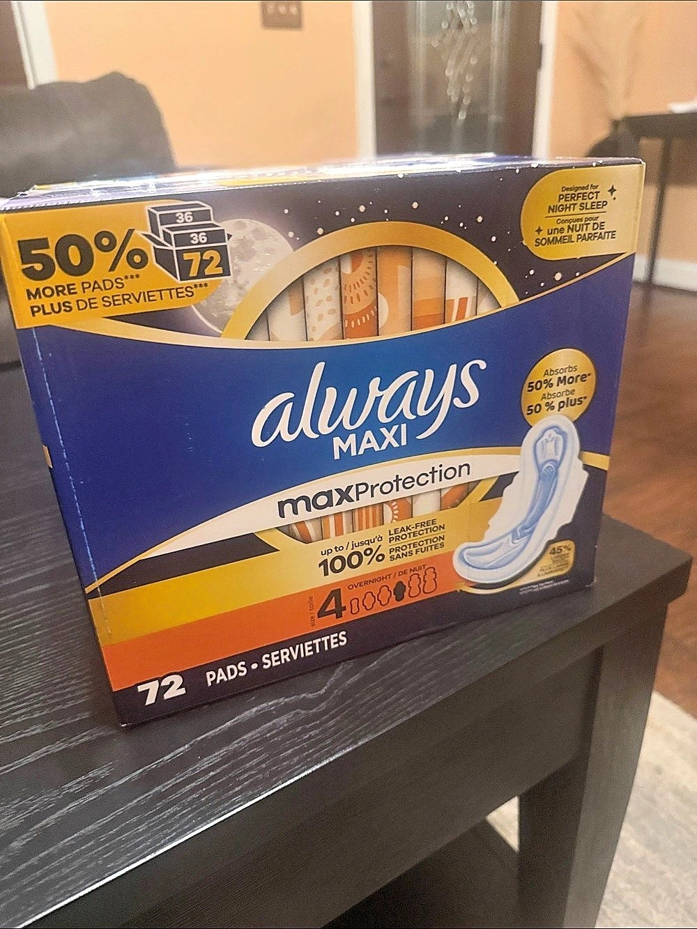 Always Maxi Size 4 Overnight Pads with Wings 72 Count